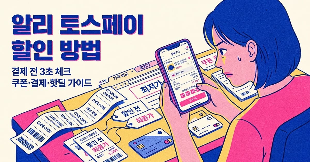 알리익스프레스 토스페이 할인 방법과 결제 전 최종 금액 확인을 상징적으로 보여주는 리소그래프 스타일 커버 이미지