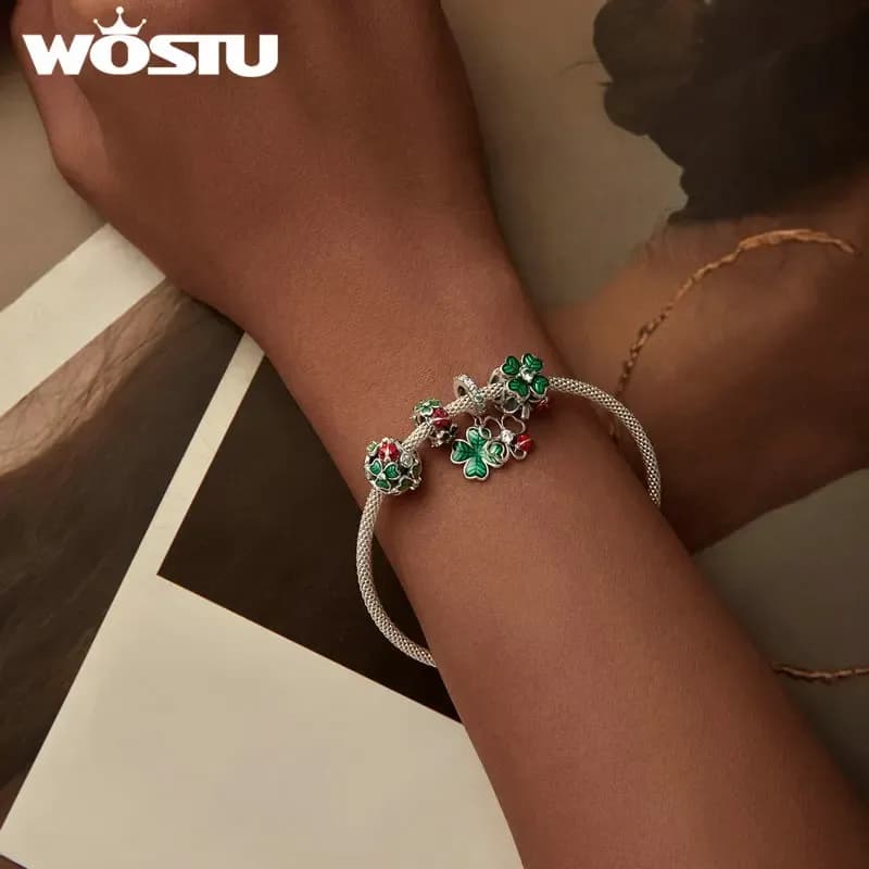 WOSTU 925 실버 행운 네잎클로버 무당벌레 참 비즈