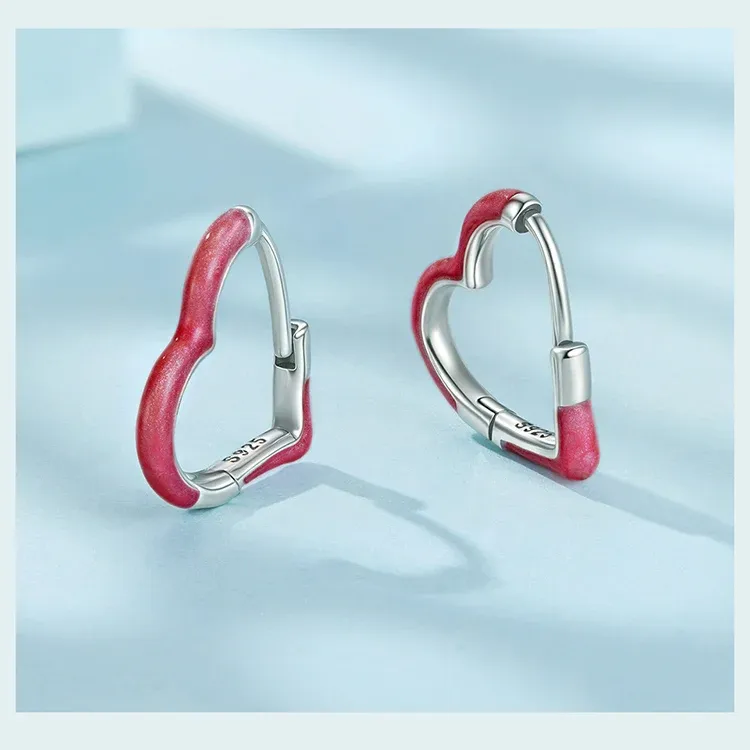 WOSTU 925 실버 핑크 하트 라운드 후프 귀걸이