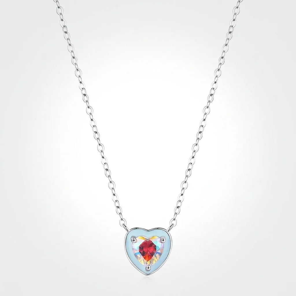 모디안 라이트 블루 에나멜 하트 925 실버 슬라이드 목걸이