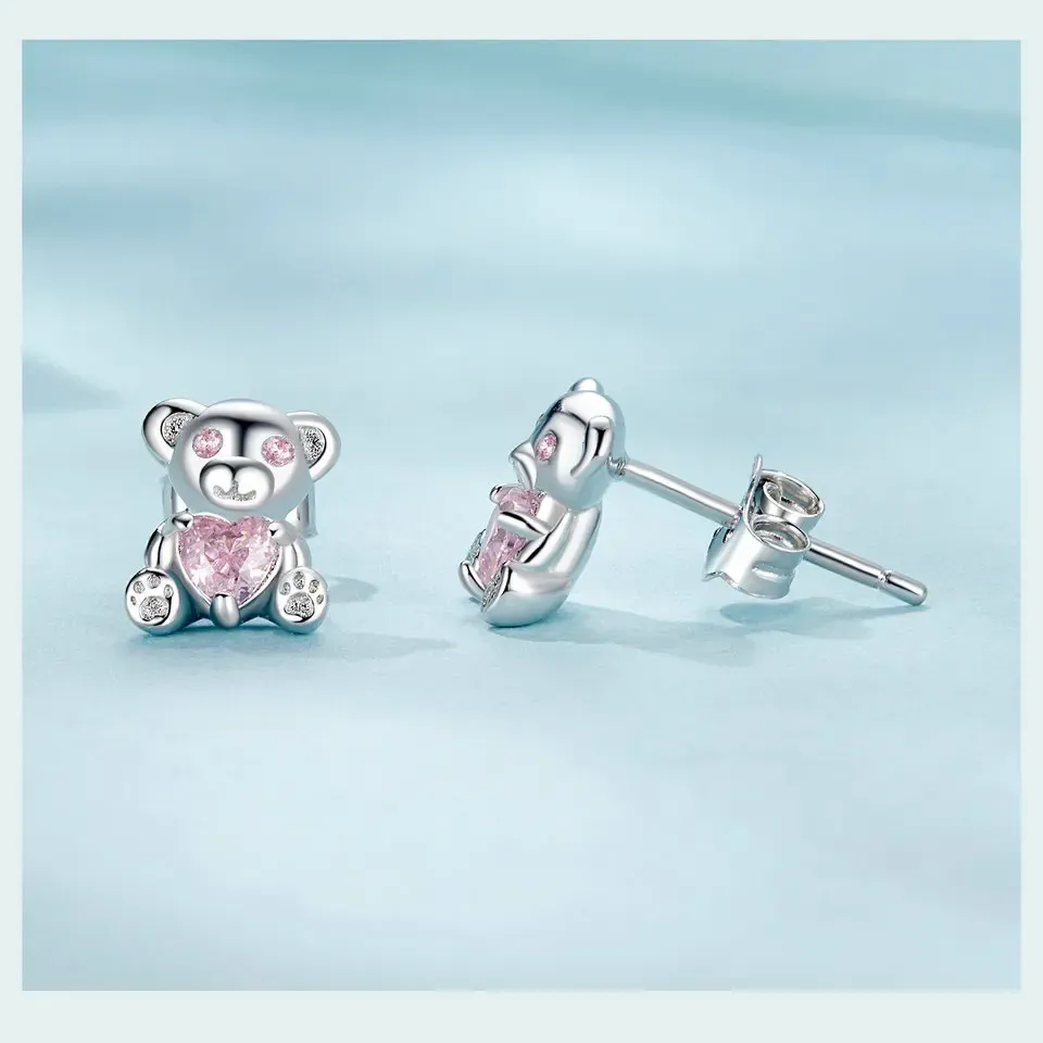 WOSTU 925 실버 핑크 하트 고양이 스터드 귀걸이