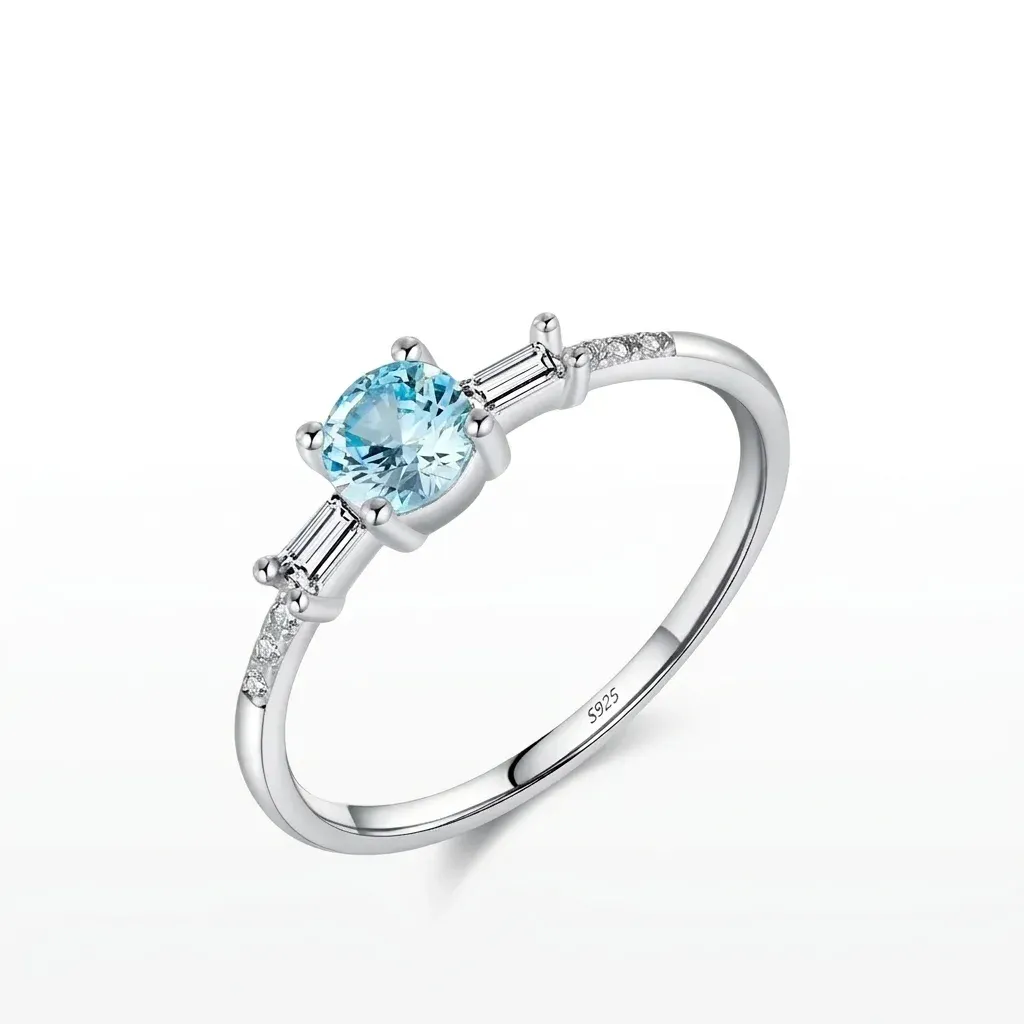 모디안 925 스털링 실버 라이트 블루 큐빅 라운드 웨딩 반지
