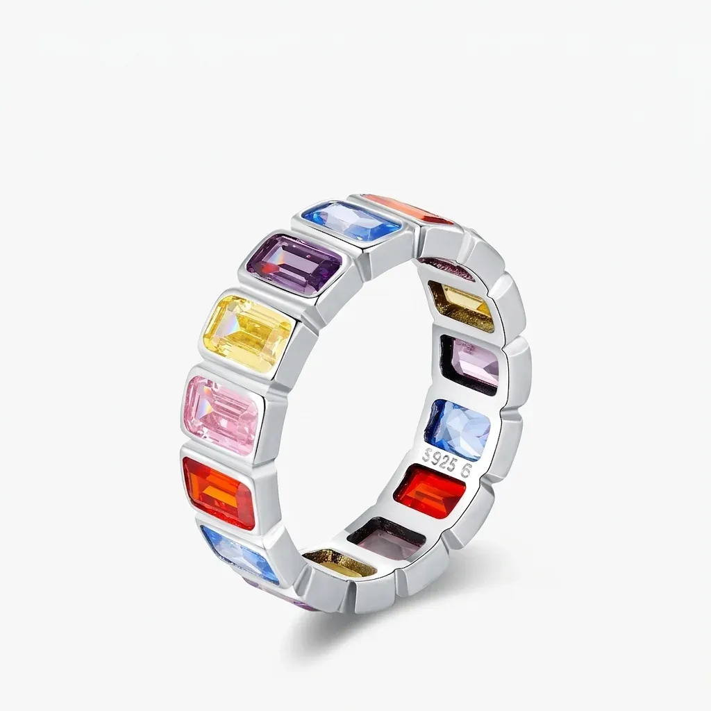 MODIAN 925 실버 컬러풀 직사각 지르콘 이터니티 반지