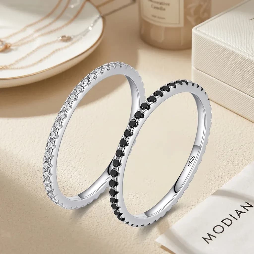 MODIAN 925 실버 블랙 지르코니아 스태킹 파티 반지