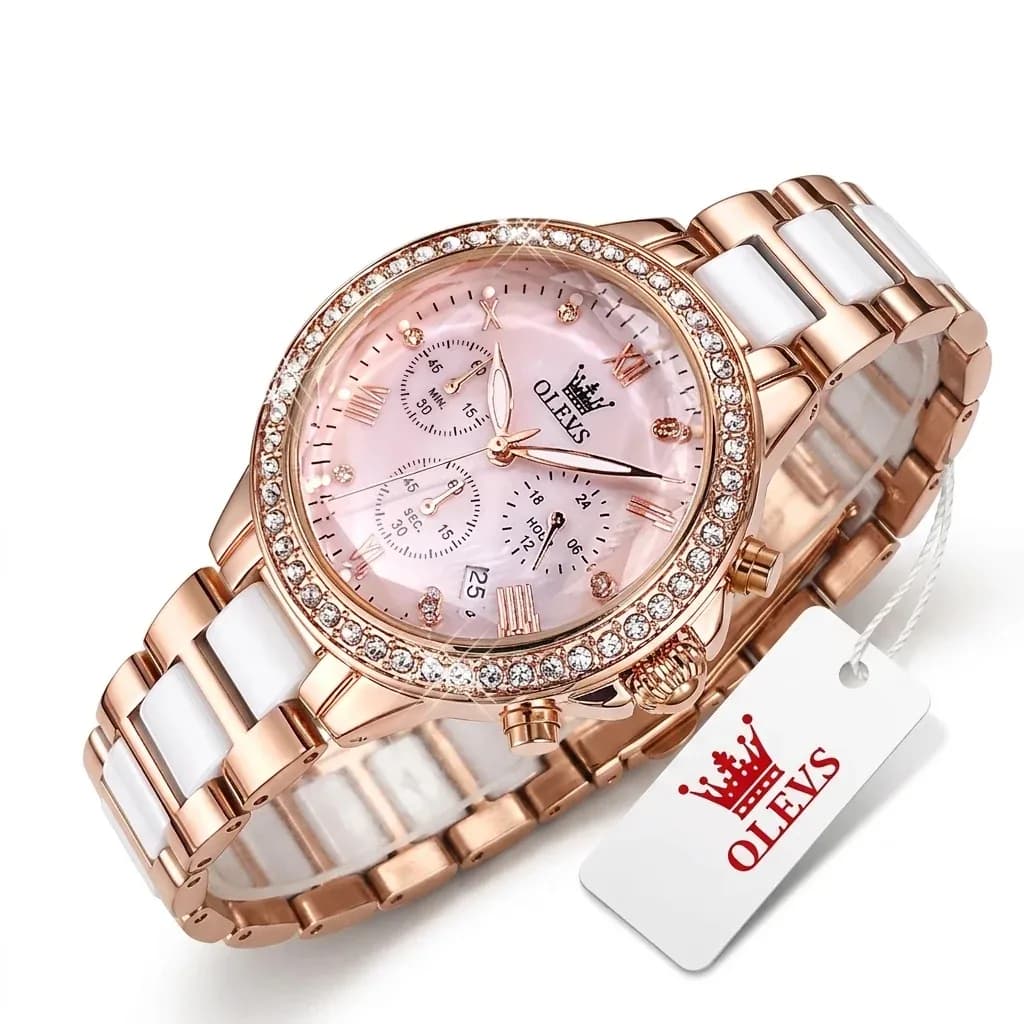 OLEVS 9999 로만 다이얼 세라믹 여성 크로노그래프 시계