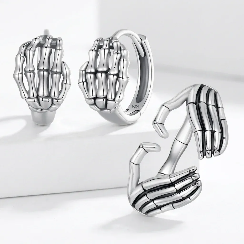 WOSTU 925 실버 해골 손 오픈 링 이어버클