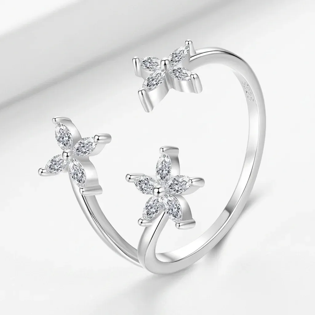 바모어 지르콘 세꽃 오픈링 925 스털링 실버