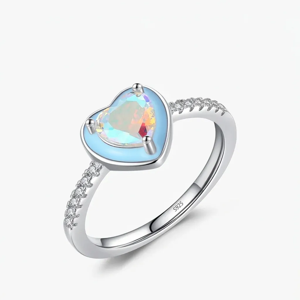 모디안 925 스털링 실버 블루 에나멜 하트 지르코니아 반지