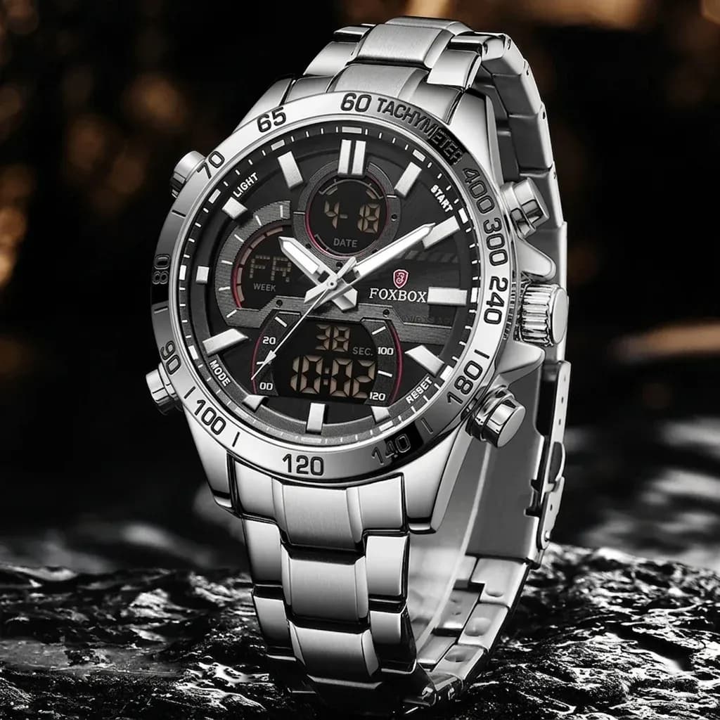 실버 스틸 아날로그 디지털 남성 시계