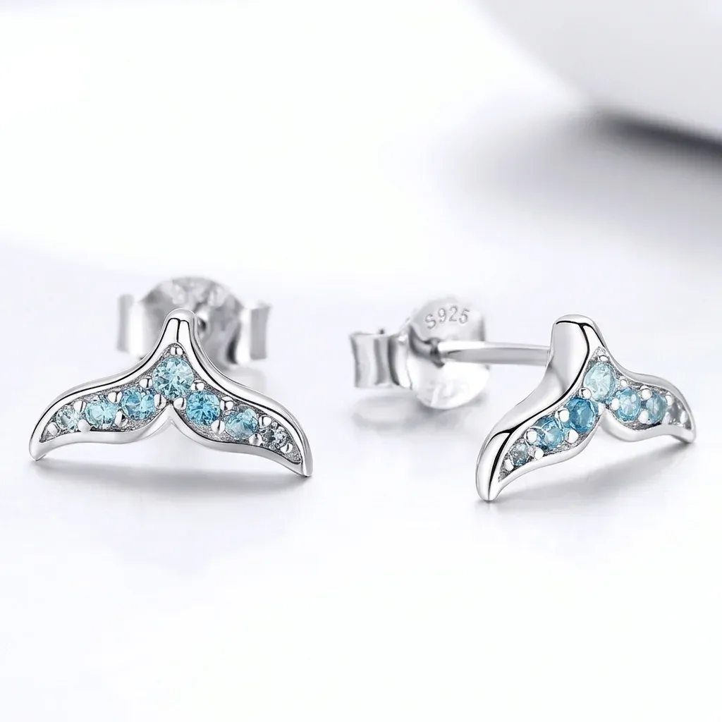 עגילי זנב בת ים כסף עם זירקון כחול