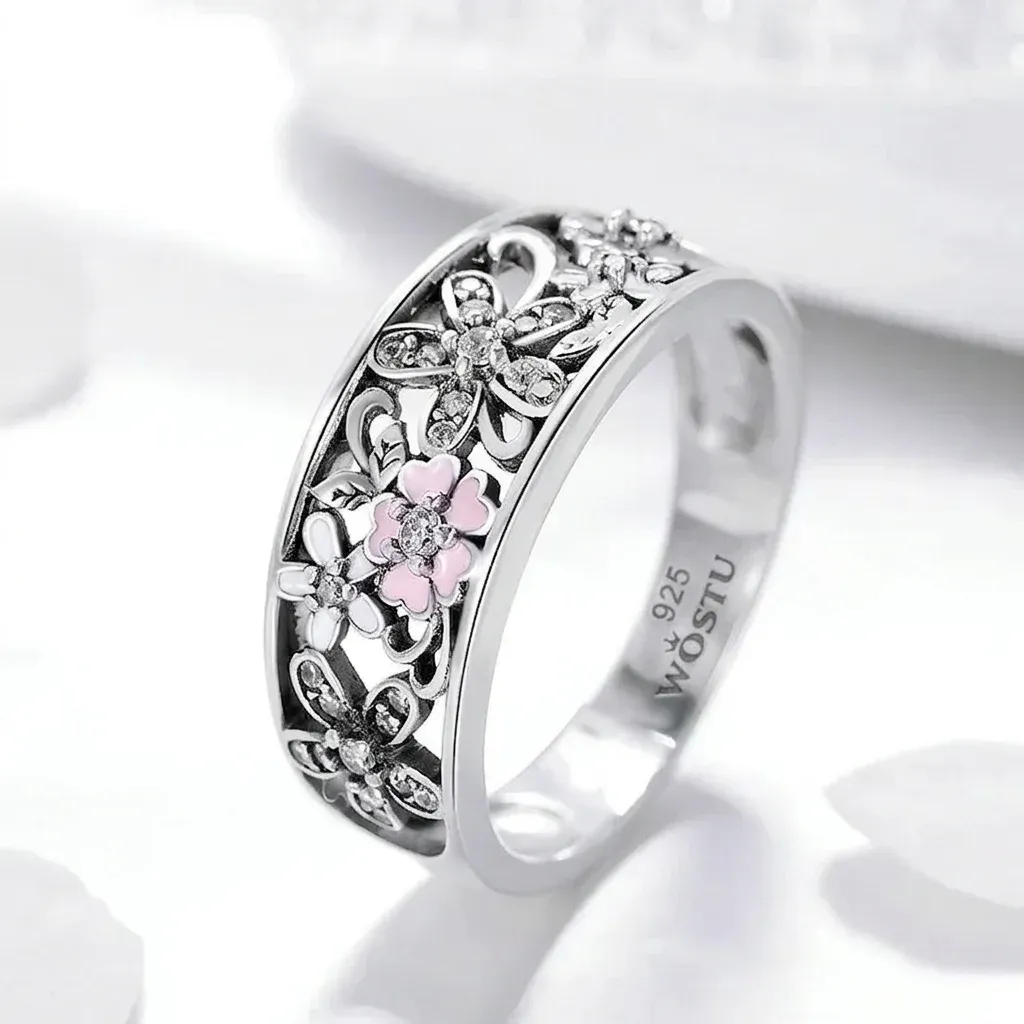 반짝이는 실버 플라워 스태킹 반지