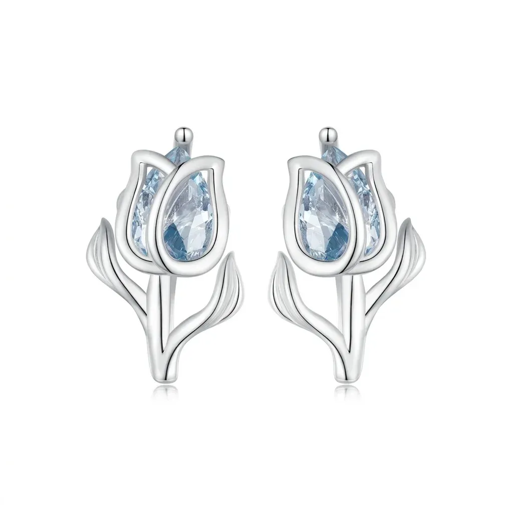 블루 지르콘 튤립 실버 스터드 귀걸이