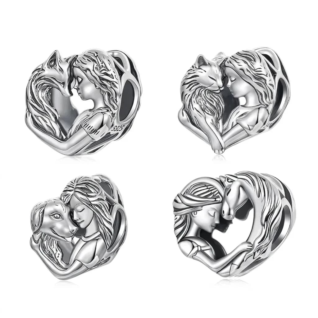 참 펜던트 실버 하트 소녀와 고양이