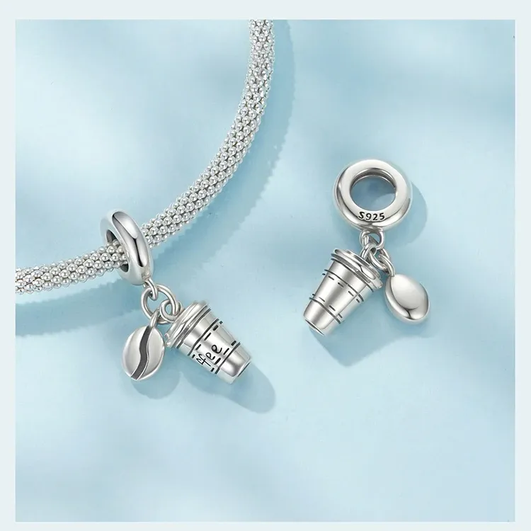 WOSTU 925 실버 블랙 에나멜 커피컵 카메라 참 펜던트