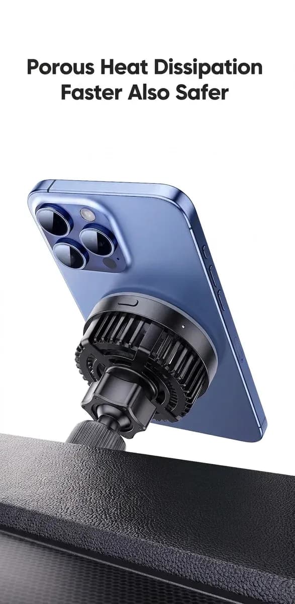 מטען רכב מגנטי שחור עם אייפון כחול