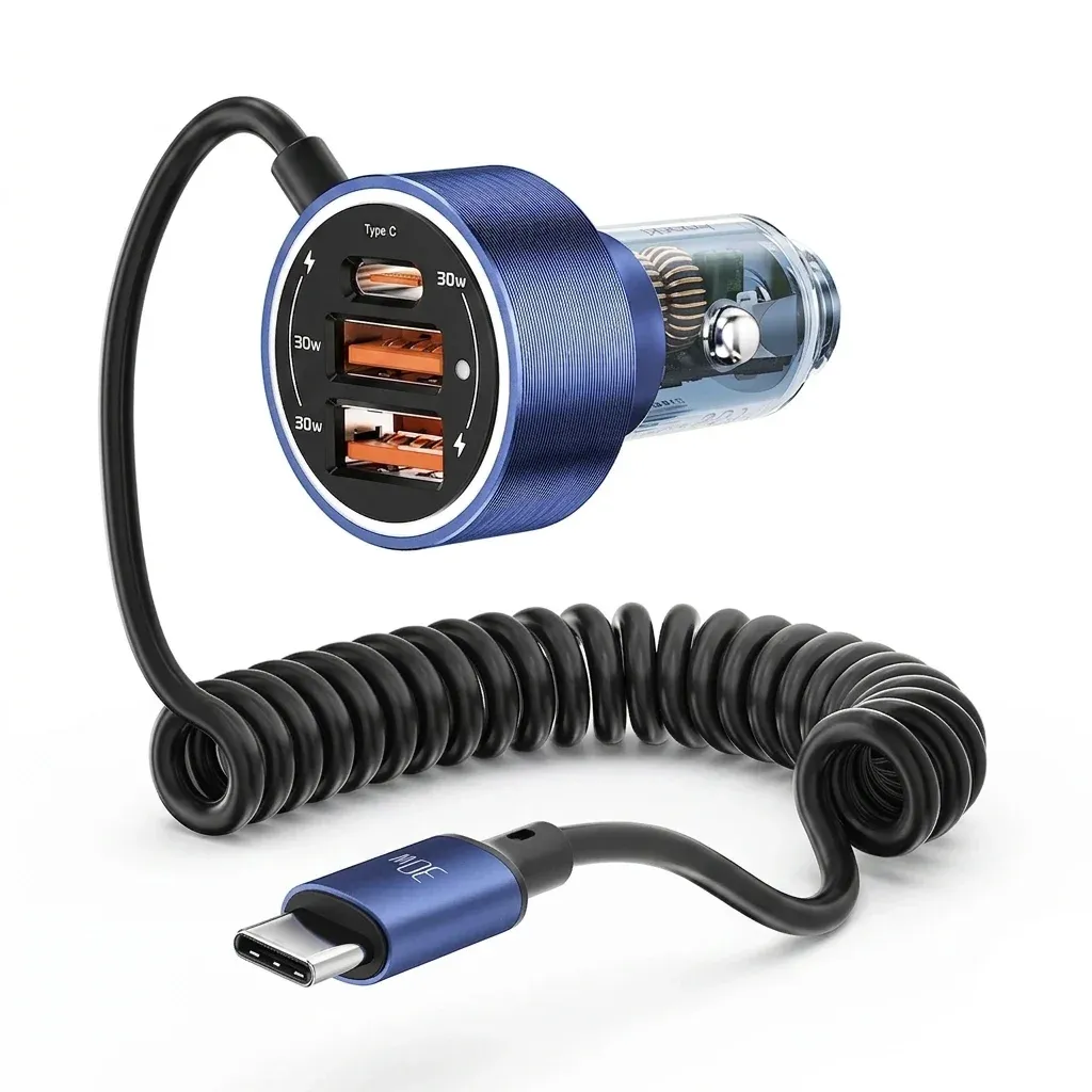 מטען רכב כחול עם כבל USB-C